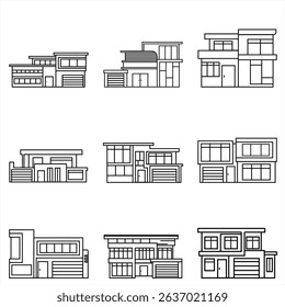 Modern house facade line art set featuring clean, contemporary residential architecture with geometric design elements and minimalistic style.