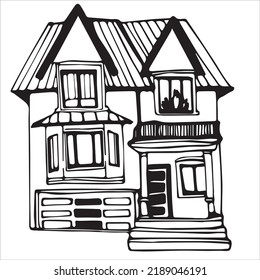 Modern house facade. Simple black and white vector image, doodle. For books, logos, labels, web design.