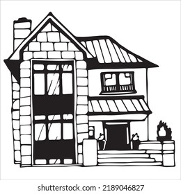 Moderne Hausfassade. Einfaches, schwarz-weißes Vektorbild, doodle. Für Bücher, Logos, Labels, Webdesign.