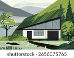 Modern house featuring large windows and sloped roof nestled in picturesque mountain valley, surrounded by lush greenery. Flat vector illustration.