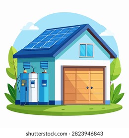 Modern house featuring solar panels on roof and water tanks outside, emphasizing renewable energy and sustainable living practices.