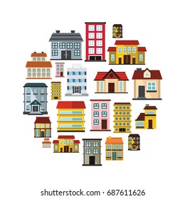 Iconos planos de la casa moderna fijados en círculo. Ilustración vectorial moderna de la casa para el diseño y el Web aislados en el fondo blanco.