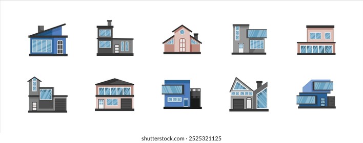 Modern House flat illustration set. Include of apartment, city, house, and building. Vector illustration isolated.