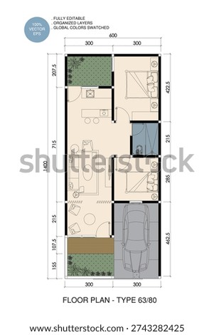 Modern House Floor Plan Design Type 63 with 3 Bedrooms and Carport. 63