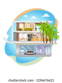 Modern House, Futuristic Three-Storey Cottage Cross Section Flat Vector Interior with Hall, Kitchen Bedroom and Bathroom Illustration. Luxury Real Estate Object, Expensive Mansion in Tropical Country