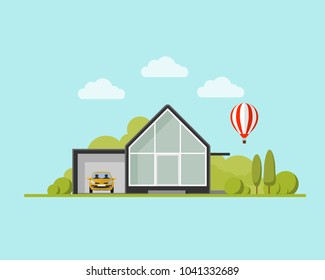 modern house with garden and balloon. Family home. Flat design vector con