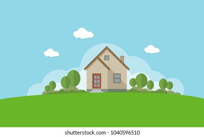 Modern House With Garden. Family Home. Flat Design Vector Concept Illustration.