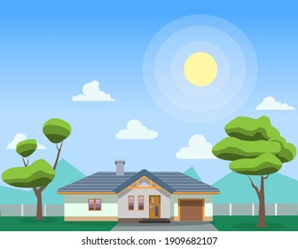 Modern house with garden. Family home. Flat design vector concept illustration