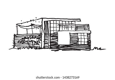 . Modern house façade in a graphic style, freehand drawn, sketch, hatching.