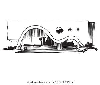 Modern house façade in a graphic style, freehand drawn, sketch, hatching.