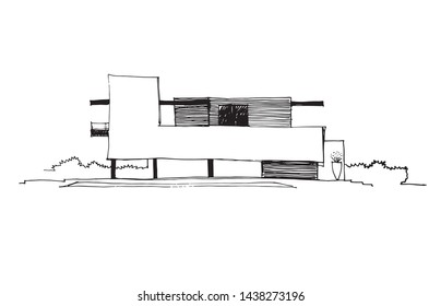 Modern house façade in a graphic style, freehand drawn, sketch, hatching.