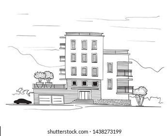 Modern house façade in a graphic style, freehand drawn, sketch, hatching.