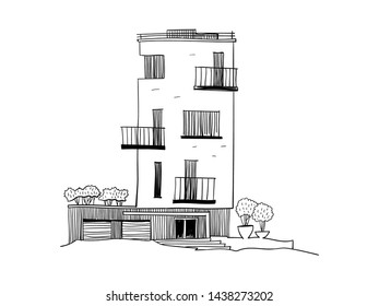 Modern house façade in a graphic style, freehand drawn, sketch, hatching, plants.