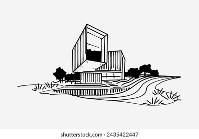 Modern house façade in a graphic style, freehand drawn, sketch, hatching, plants.