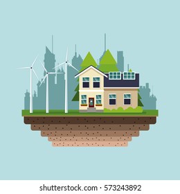 modern house green energy wind turbine city background