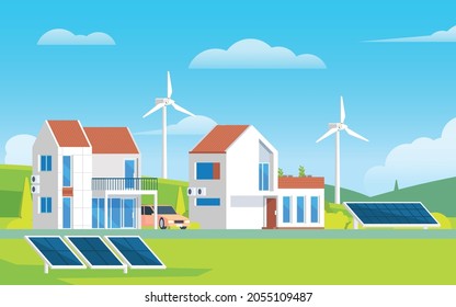 Modern House With Green and Renewable Energy Illustration