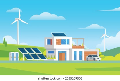 Modern House With Green and Renewable Energy Illustration