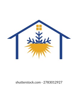 Modern house icon featuring snow and sun elements in a clean minimalist vector style. Perfect for winter property branding, weather themes, real estate logos, eco housing, and seasonal design projects