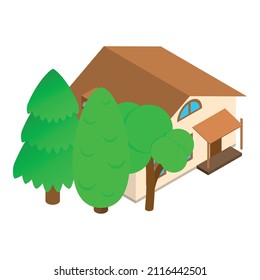 Modern house icon isometric vector. One storey new building and green tree icon. Beautiful residential house, country cottage