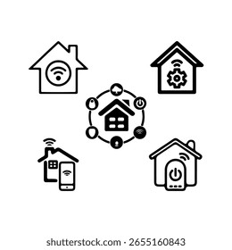 Un moderno conjunto de iconos de House con redes neuronales, robots, circuitos, chips cerebrales, automatización y análisis de datos. Mínimo, limpio y perfecto para proyectos de hogar.
