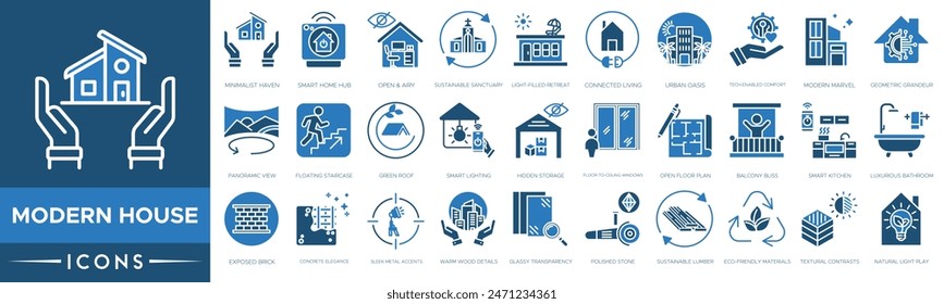 Modern House icon set. Minimalist Haven, Smart Home Hub, Open and Airy, Sustainable Sanctuary, Light-Filled Retreat, Connected Living and Urban Oasis