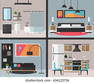 Modern House inside, house interior, rooms with furniture, Flat style vector illustration, graphic