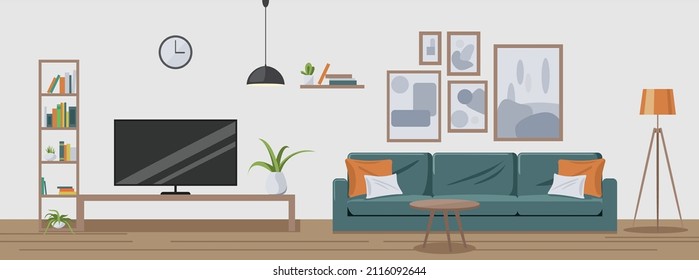 Modern house interior background. Cozy apartment furnished with a sofa, table, shelf with books and flowerpots, TV, paintings and lamps in cartoon vector style.