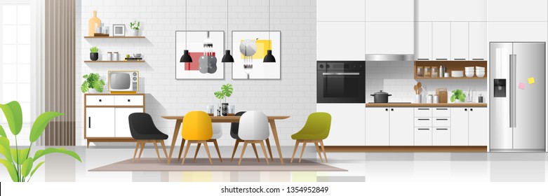 Modern house interior background with kitchen and dining room combination , vector , illustration