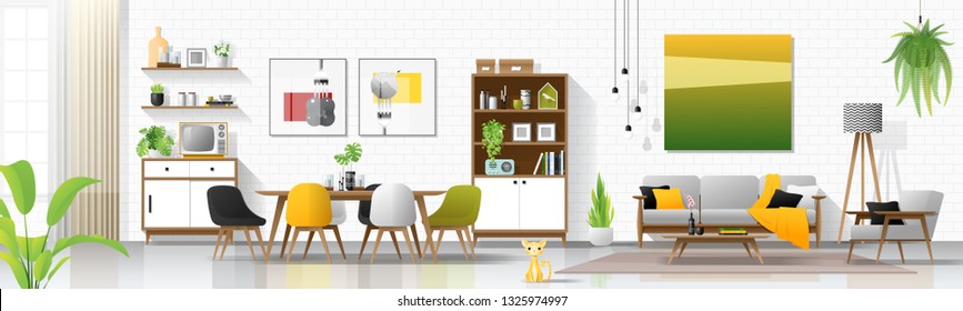 Modern house interior background with living and dining room combination , vector , illustration