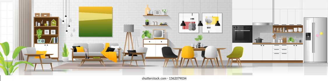 Modern house interior background with living room , dining room and kitchen combination , vector , illustration
