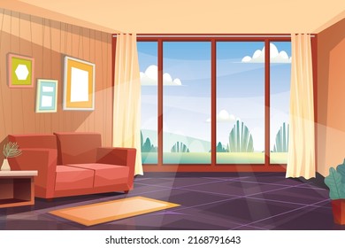 Modern house interior background with living room. cartoon room with furniture, sofa and curtain. vector interior design house rooms 