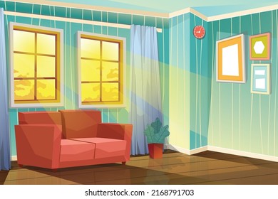 Modern house interior background with living room. cartoon room with furniture, sofa and curtain. vector interior design house rooms 