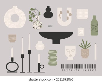 Modern house interior decor elements. Trendy Scandinavian style interior design decorations: elegant candles, vases, cute plant pots. Beige white grey black color palette. Colorful flat vector icons