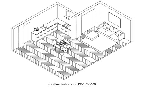 Modern house interior. Design project. Sketch. Orthogonal projection. 3D rendering.