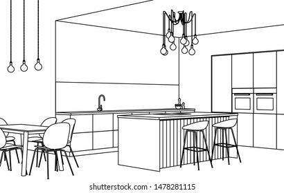 Modern house interior. Linear sketch of the interior. 3D rendering.