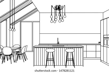 Modern house interior. Linear sketch of the interior. 3D rendering.