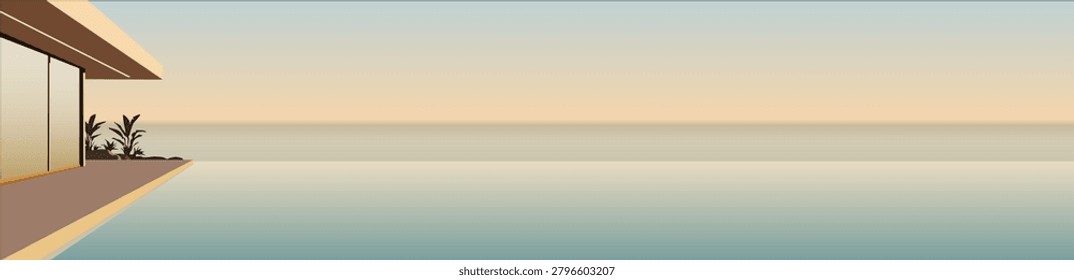 A modern house interior with a swimming pool and sea views. A panoramic horizontal vector illustration in the delicate blue and beige tones of a sunset, perfect for a design inspired by relaxation and the beauty of nature.