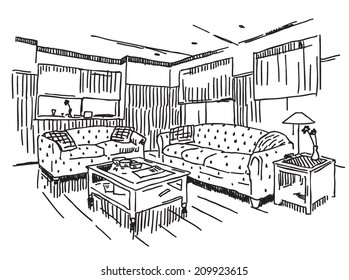 Modern house interior vector drawing on white background