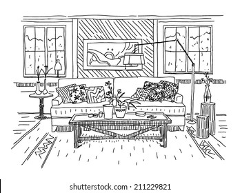 Modern house interior vector drawing on white background
