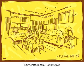 Modern house interior vector drawing signed with frame