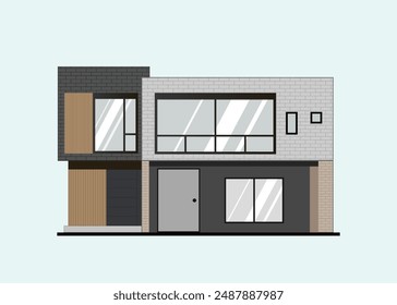 Modern house isolated on white background. Building illustration. Flat minimal 2 floor house. 2D architectural graphic illustration of the front of a modern house.