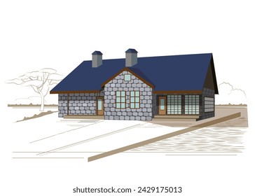 Casa moderna con boceto del paisaje. Ilustración vectorial.