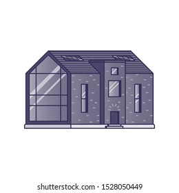 Modern house with a large panoramic window painted in shades of violet on a white background drawn in flat style
