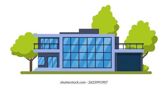Modern house with large windows surrounded by trees, featuring a balcony, a terrace and a garage, representing sustainable living and contemporary architecture