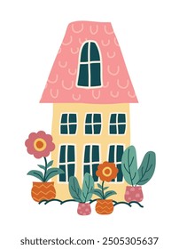 modern house, leaf, flower. a residential building that looks like a cartoon, hand drawn in a flat, naive style. element isolated on a white background. for print, children, postcard, card. Vector art