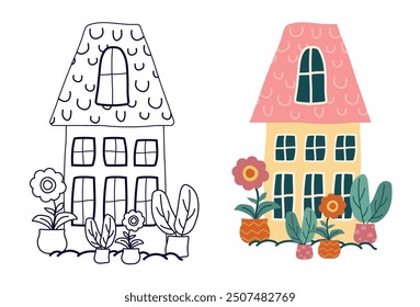 modern house, leaf, flower. a residential building that looks like a cartoon, hand-drawn in a flat, naive style. element isolated on a white background. for print, children, postcard, card. Vector art
