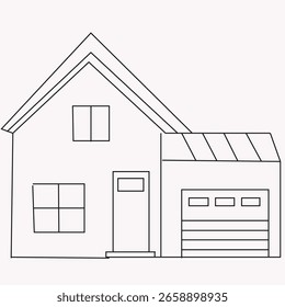 Dibujo moderno de la línea de la casa con techo triangular, puerta principal, ventanas paneladas y garaje adjunto