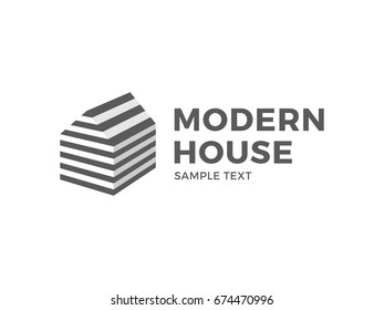 Modern House logo design template. Vector real estate icon sign. Minimal home symbol emblem with stripes. 3d housing label illustration background and construction branding concept