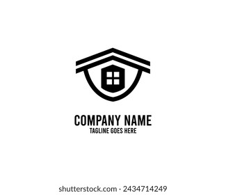 Logotipo de la casa moderna en forma de escudo. Adecuado para logotipos de empresas de construcción y seguridad.