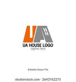 Modern house logo with initials and window graphic. UA initials logo, Creative real estate logo combining initials and a house shape with window detail, architect or home, or construction brand